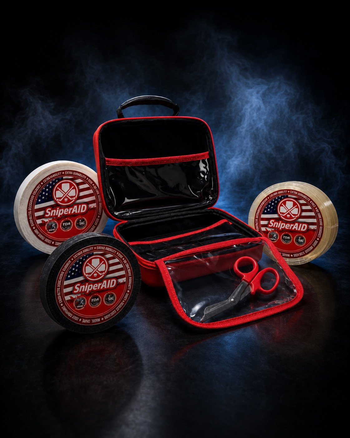 SniperAID case open with white, black and clear tape rolls and scissors