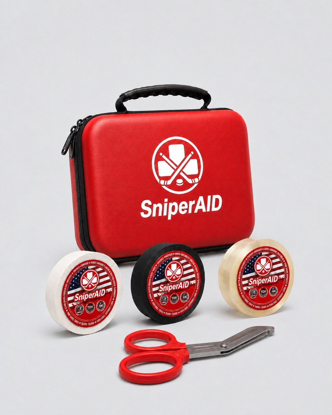 SniperAID Tape Kit — closed case with white, black and clear tape rolls and scissors
